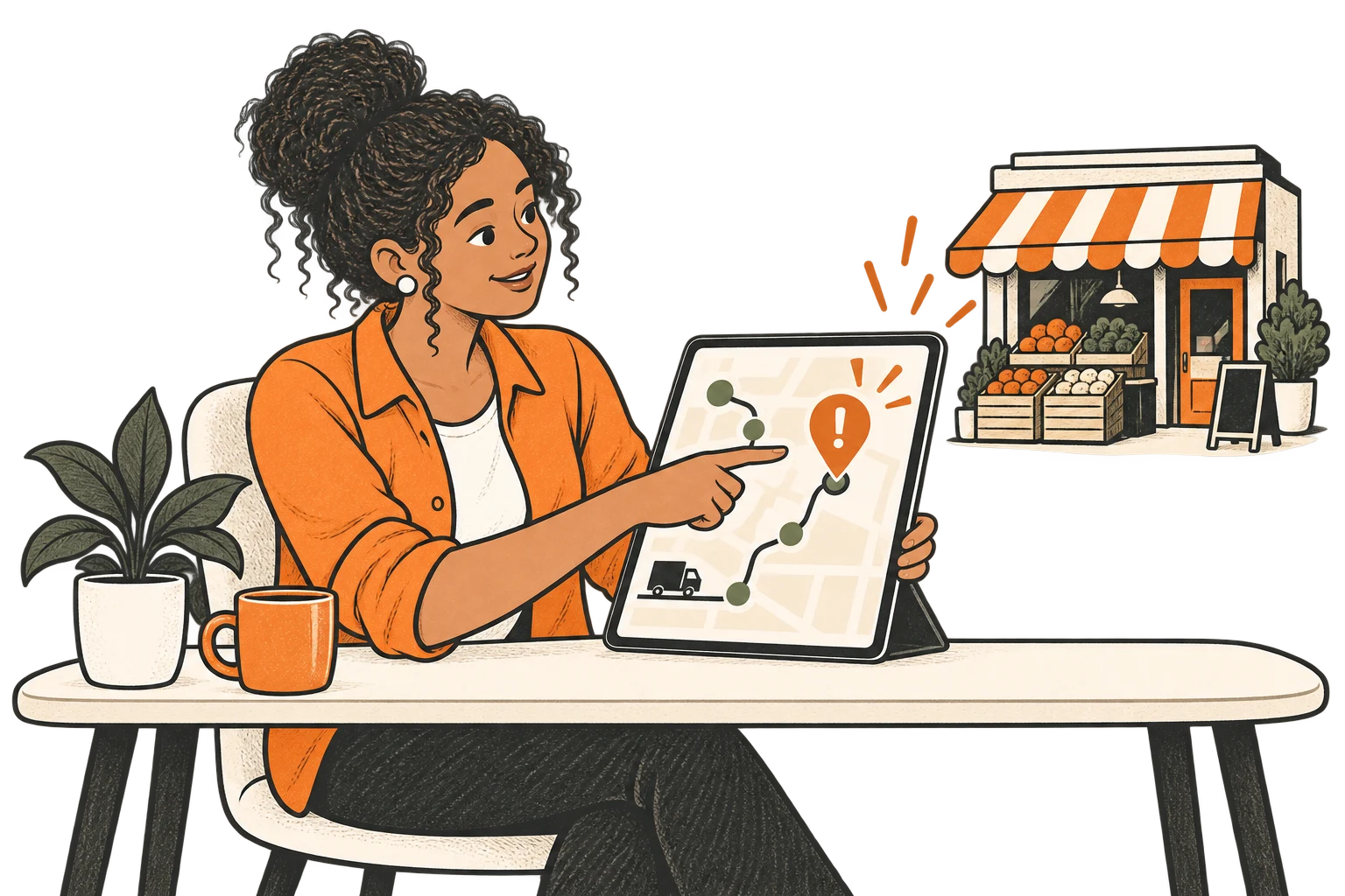 An illustrated dispatcher spots a late delivery to a store.