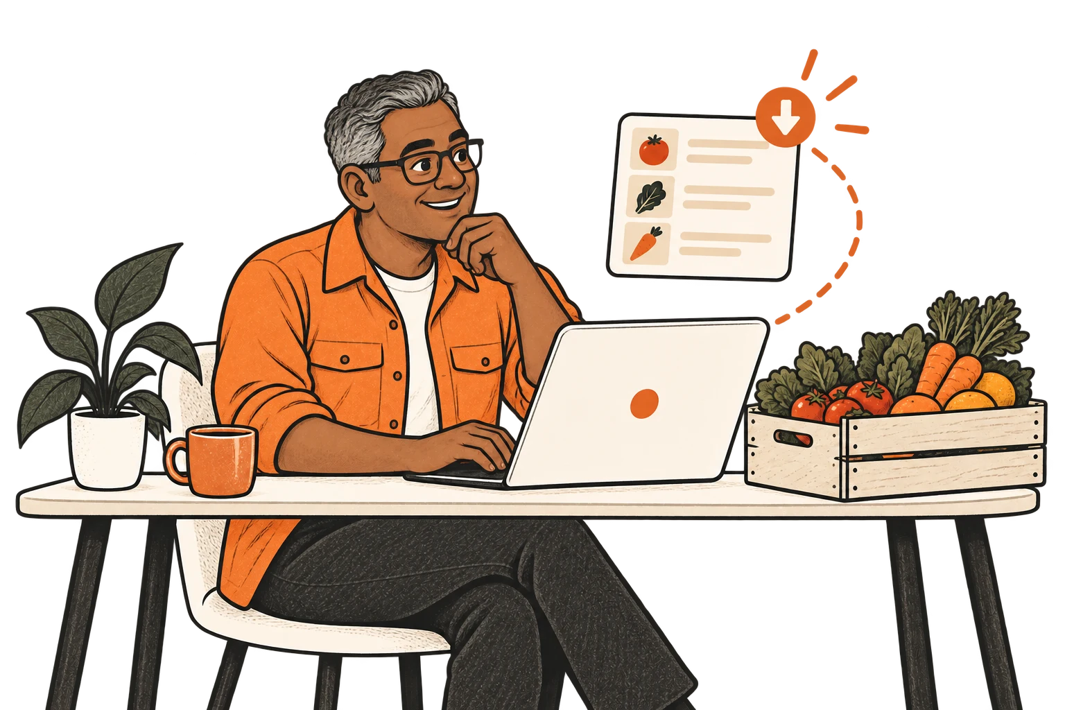 An illustrated teammate reviews incoming food orders beside fresh produce.