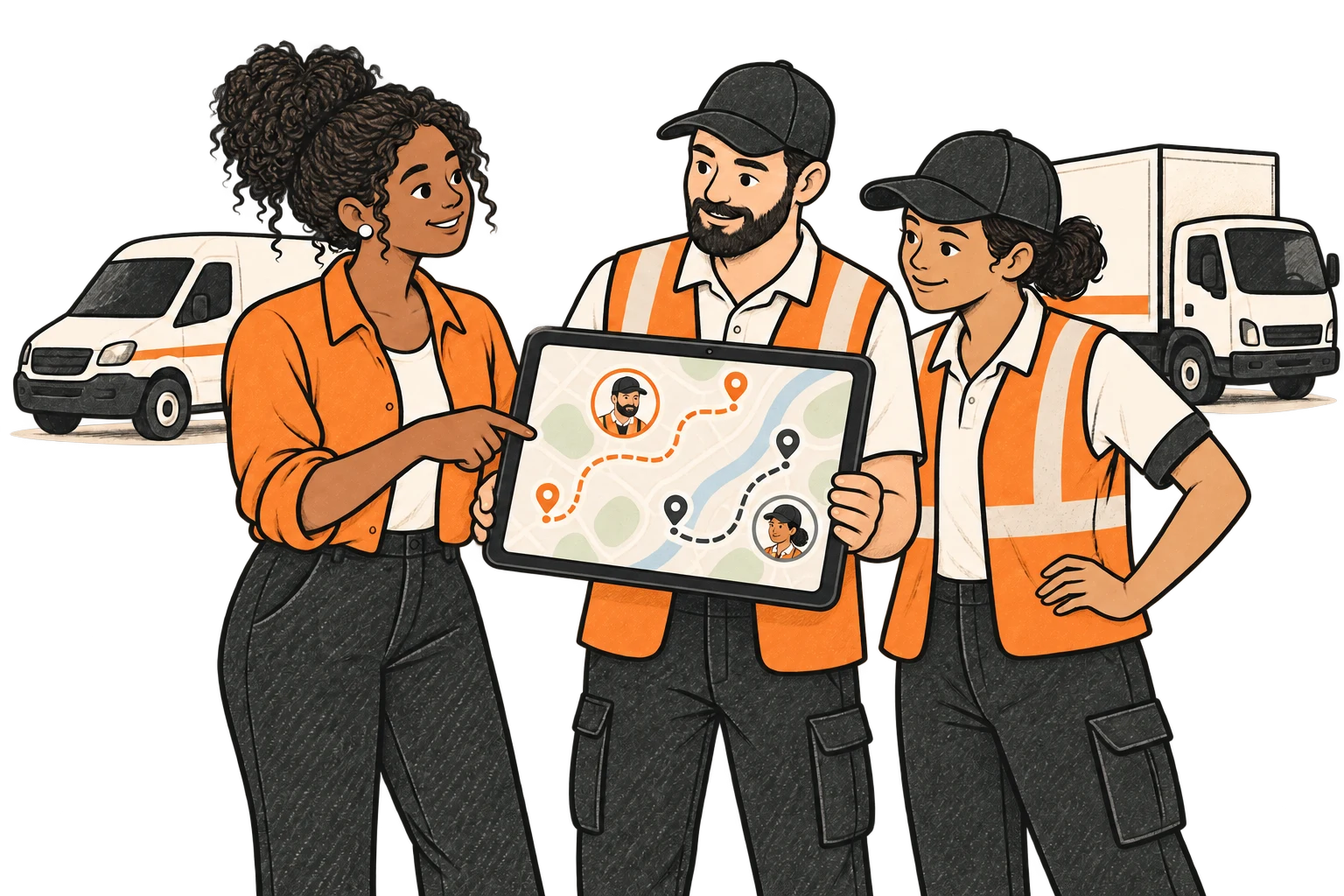 An illustrated dispatcher and two drivers review assigned routes on a tablet beside a van and a box truck.